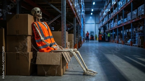 Skeleton in an orange safety vest sits on cardboard boxes within a large well lit warehouse