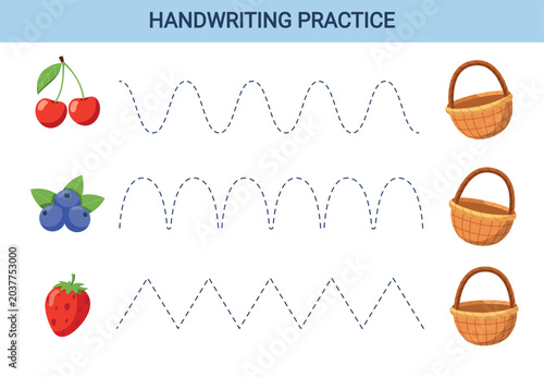 Put the Berries in the Basket. Handwriting practice sheet. Educational children's game. Letter tracing for children and toddlers. Cartoon vector illustration