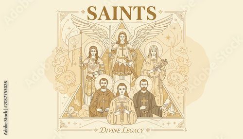 Fotografía An artistic depiction of various Christian saints, including angels and martyrs, in a divine and ethereal style