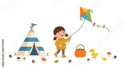 A young girl flies a colorful kite near a striped teepee, surrounded by autumn leaves, acorns, mushrooms, a pumpkin basket, and a small duck.