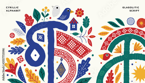 Obraz na plátně Vibrant illustration showcasing the Cyrillic alphabet and Glagolitic script adorned with colorful folk art motifs, birds, and floral elements