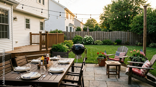 Empty suburban backyard patio prepared for a 4th of July BBQ cookout with set dining table, charcoal grill and string lights at sunset