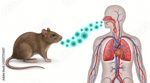 Zoonotic pathogen transmission conceptualized by bioluminescent microbial particles traveling from a rodent host to a detailed human respiratory system.