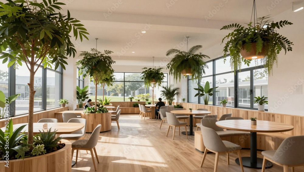 Fototapeta premium Clean Sustainable Coworking Space with Abundant Greenery and Natural Wood
