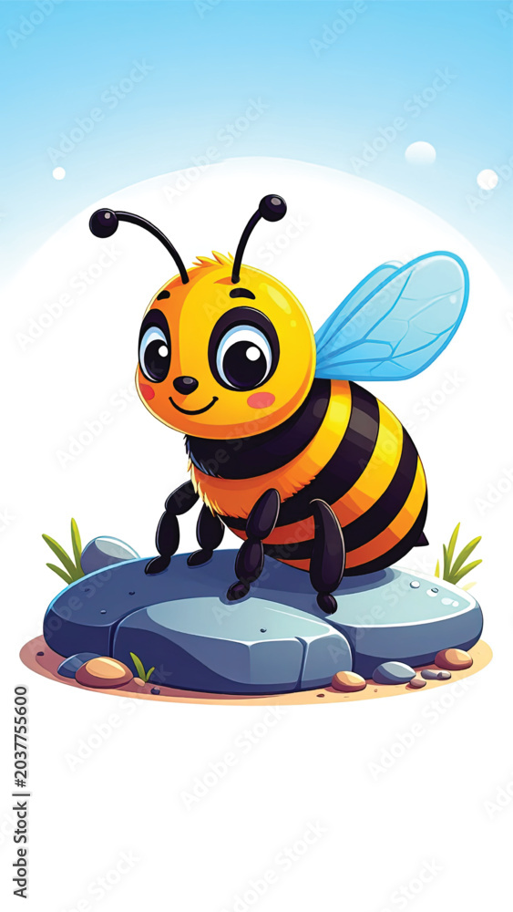 Fototapeta premium Smiling Cartoon Bee on Rock Closeup.