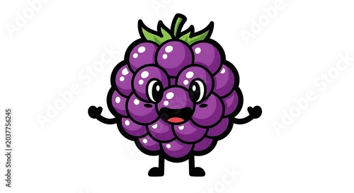 Cartoon purple berry character smiling.