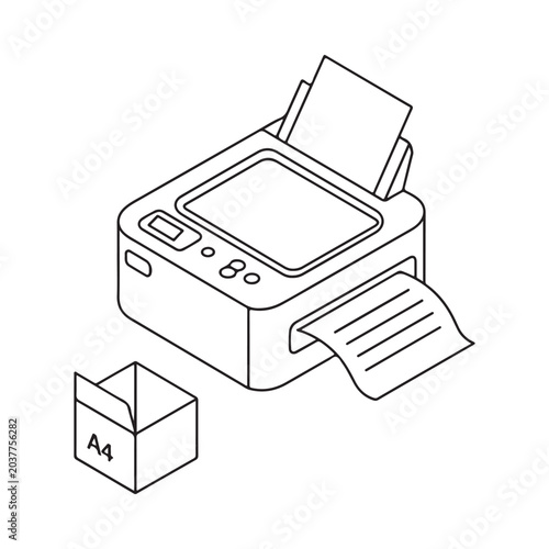 Schilderij op canvas Printer With Paper Stack And Output Black And White Line Drawing