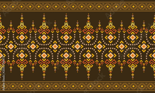 Traditional brown and gold geometric tribal pattern with ornamental diamond motifs for textile and wallpaper projects.