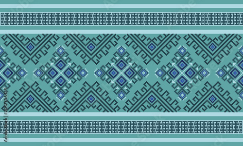 Decorative blue tribal geometric seamless pattern with traditional woven textile style for fabric and wallpaper.