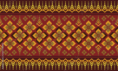 Ethnic Thai inspired geometric floral pattern in warm red and gold tones, perfect for fabric, wallpaper, and textile design.