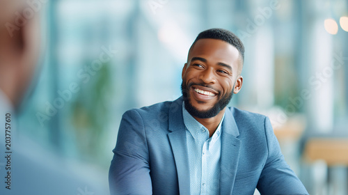 Professional HR onboarding discussion with confident businessman smiling naturally, head and torso only, shallow depth of field, modern office background