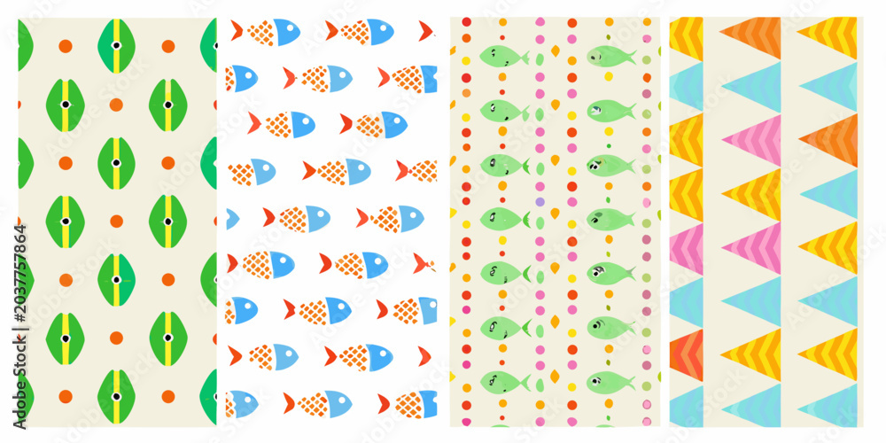 Obraz premium Fish patterns with circles and triangles colorful vector illustrations