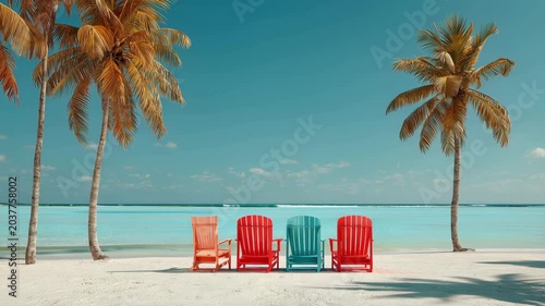 Beach view with four colorful chairs under palm trees beside clear water on sunny day