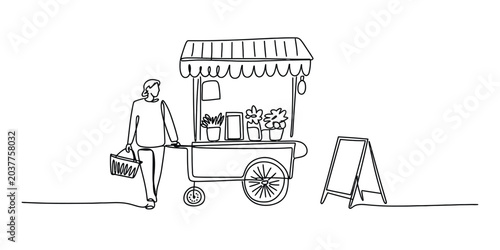 Cuadro en lienzo Continuous one line drawing of a person walking with a flower cart and shop sign