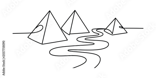 Fotografía Continuous line drawing of egyptian pyramids and the nile river landscape Vector