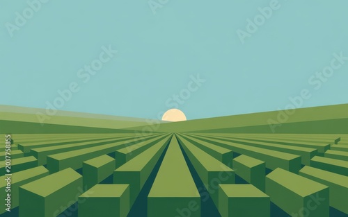 Summer farmland landscape with green fields and a setting golden sun