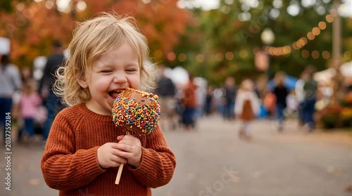 Obraz Happy toddler boy eating a candy apple at a festive fall street fair