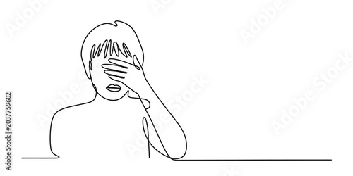 Tableau sur toile Continuous line drawing of a person covering face with hand showing shame or emb