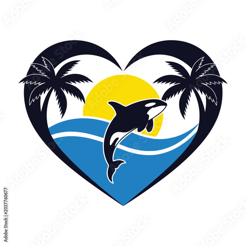 Orca Whale Jumping Over Ocean Waves with Tropical Palm Trees Inside a Heart Shape Design