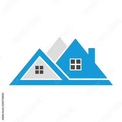 Minimalist Real Estate Logo Design Featuring Two Houses with Blue Roofs and White Facades