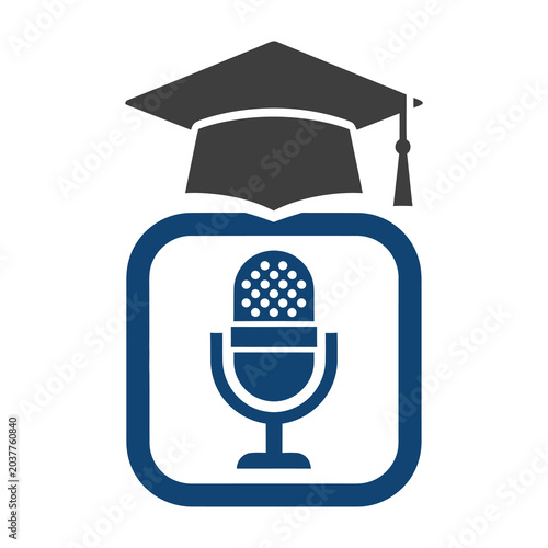 Educational Podcast Logo Icon Featuring a Graduation Cap Above a Classic Studio Microphone
