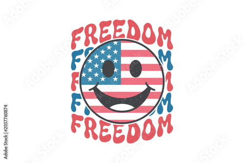 Wavy Freedom Text Retro Smiley Face Patriotic T Shirt Design