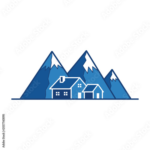 Mountain house with snow capped peaks