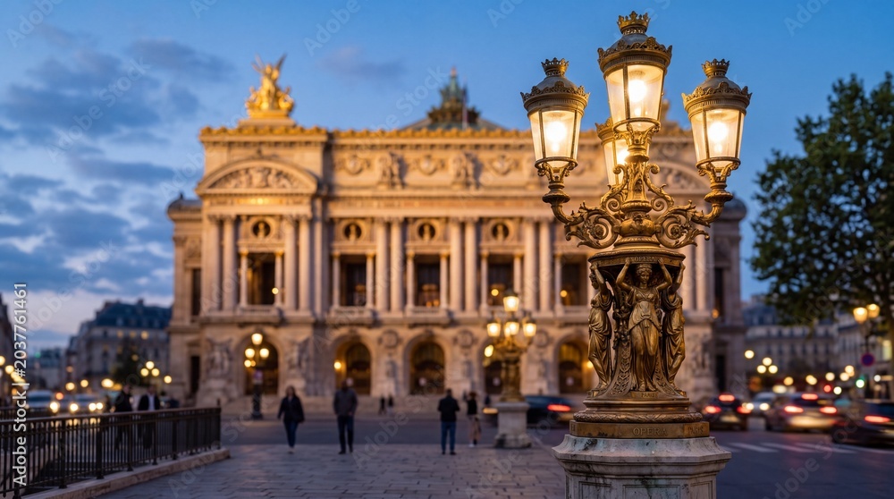 Obraz premium Ornate Street Lamp in Front of Opera Garnier, Paris at Dusk