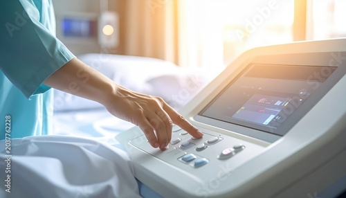 Nurse's hand operating modern electronic hospital bed controls, adjusting patient comfort and care settings