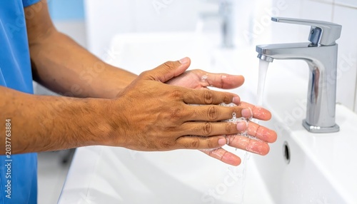 Nurse's hands thoroughly washing with soap and water at a clinical sink for hygiene