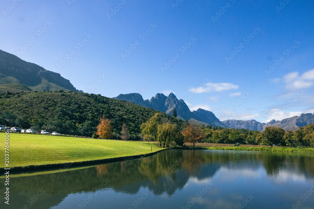 Fototapeta premium Mountain lake and green lawns at a Cape Winelands estate