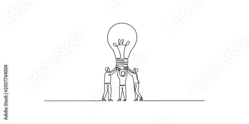 Konstfotografi Three people holding up a large light bulb together in teamwork