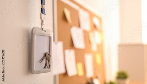 Nurse's lanyard with an ID badge and keys hanging from a hook on a corkboard with papers