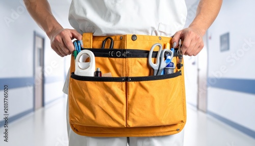 Nurse's Orange Utility Belt Pouch Filled with Medical Tools and Supplies, a Functional Accessory for Healthcare Professionals