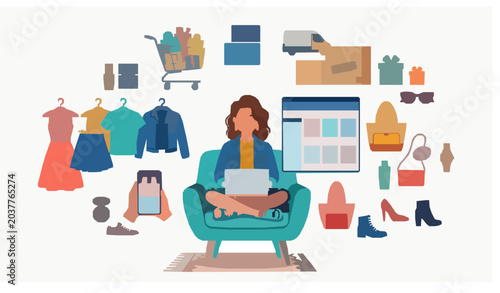Foto Online Shopping Woman with Laptop Fashion Beauty and Ecommerce Vector Design