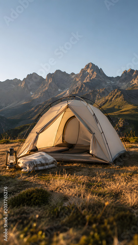 Ground level view of realistic camping tent in mountain range - outdoor product photography