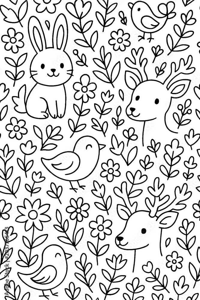 Fototapeta premium Woodland Animals Black and White Drawing Pattern