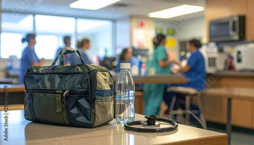 Nurse's personal insulated lunch bag with water bottle and stethoscope in a healthcare setting