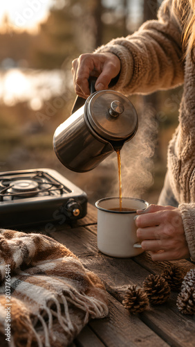 Close-up of pouring hot beverage outdoors capturing cozy warmth from hand perspective