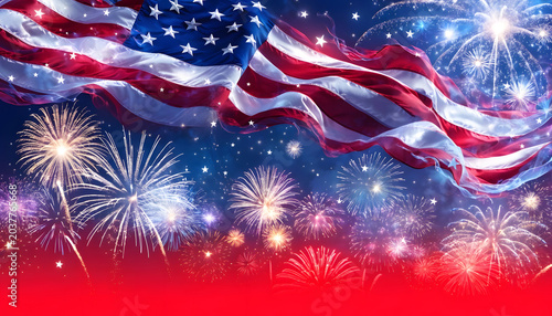 American flag waving against a background of festive fireworks in the night sky for independence day celebration