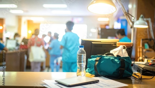 Nurse's personal items, including lunch bag and water bottle, resting on desk near computer terminal in hospital setting