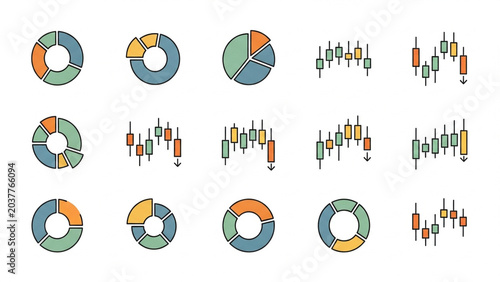 Set of Colorful Circular Charts and Candlestick Graphs on White Background