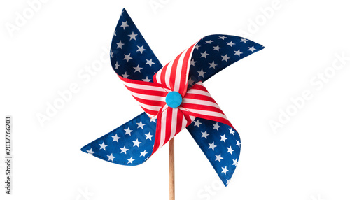 Patriotic pinwheel toy with american flag pattern isolated on white background