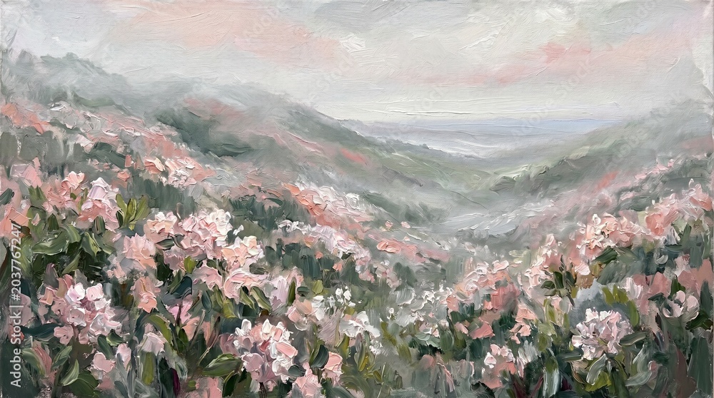 Fototapeta premium Impressionist Oil Painting of Misty Appalachian Mountain Laurel Wildflower Fields