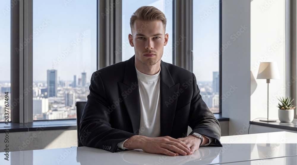 Fototapeta premium Confident young businessman in black suit sitting at desk in modern bright office with city view, generative AI.
