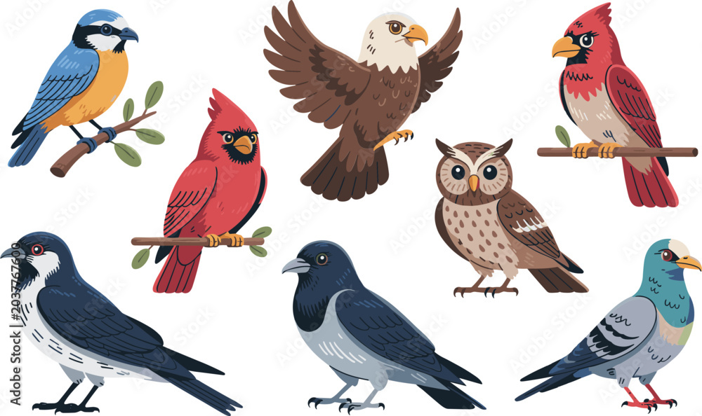 Obraz premium Set of cartoon birds in flat style, isolated vector illustration for wildlife designs