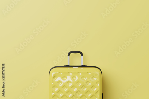Minimal yellow suitcase on pastel travel background render