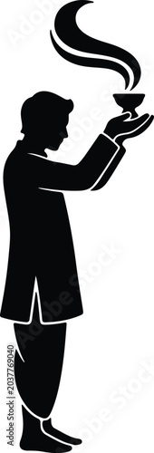 Картината върху платно Silhouette vector man holding aromatic incense burner with smoke design