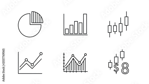 Set of Six Financial Charts and Graphs in Black and White Line Art