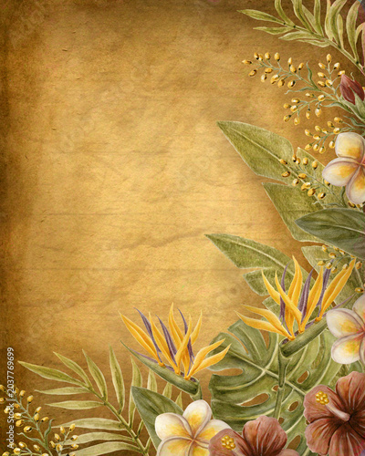 Vintage tropical floral frame with hibiscus flowers, exotic leaves, and aged paper texture. Watercolor painting. Decorative botanical background with blank copy space..